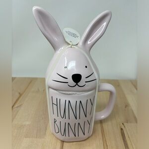 Rae Dunn HUNNY BUNNY Coffee Mug Pink with Novelty Topper and Black Lettering